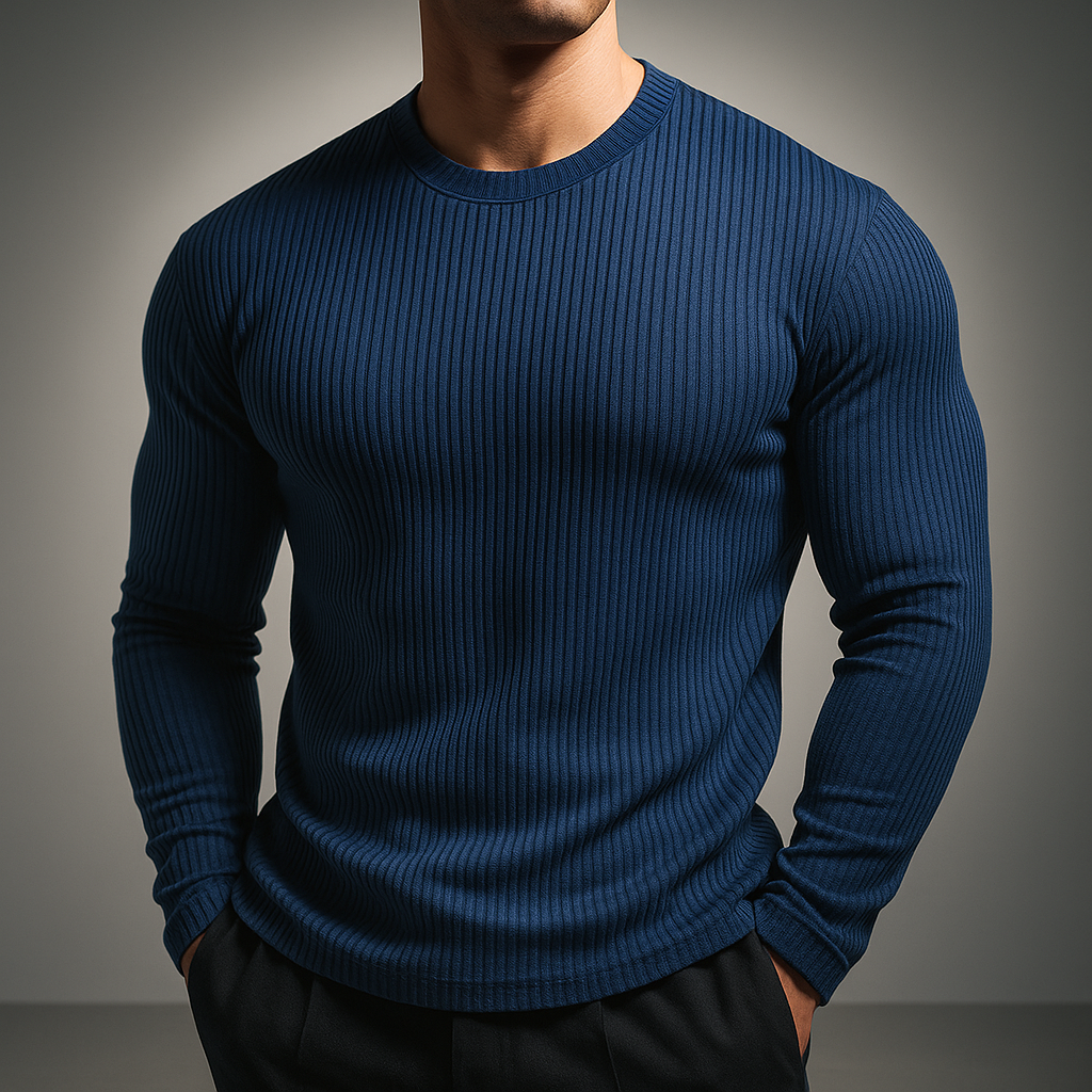 Men's Long Sleeve Sweater Textured Design - Crew Neck, Fitted Cut