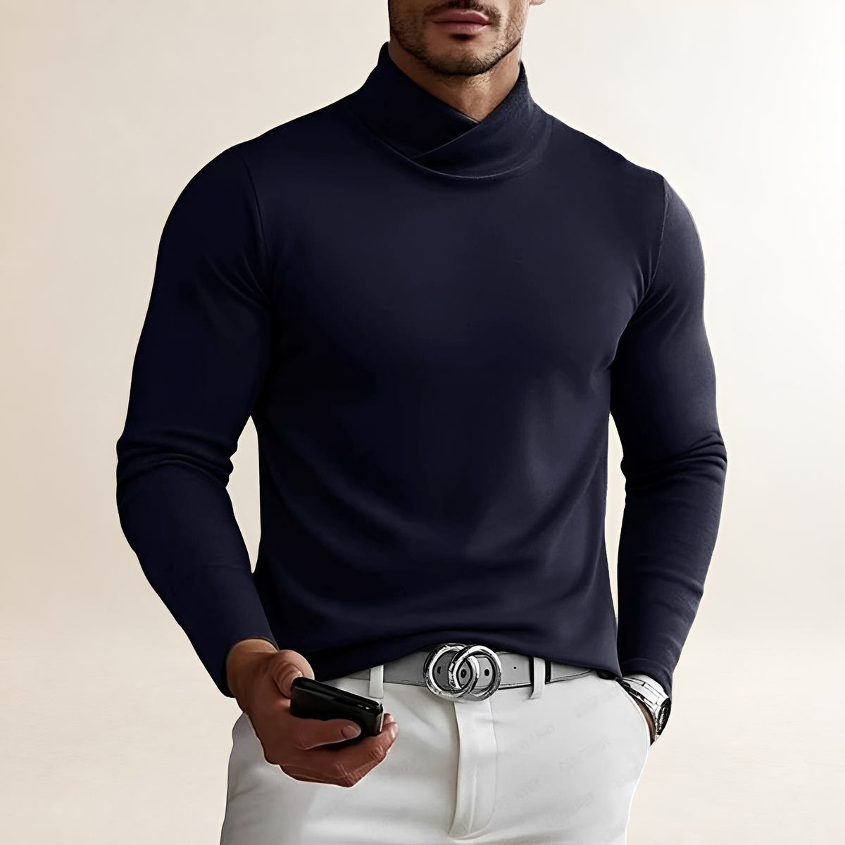 Men's Long-Sleeved Turtleneck Shirt - Cross Neck Design, Fitted Style