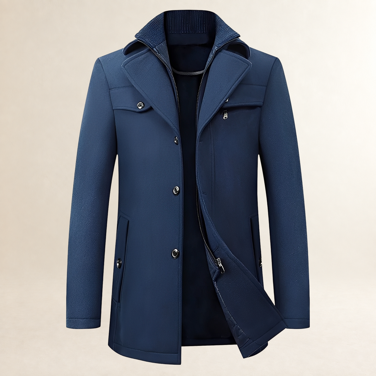 Men's Mid-Length Pea Coat - Notched Lapel, Button Front, Flap Pockets