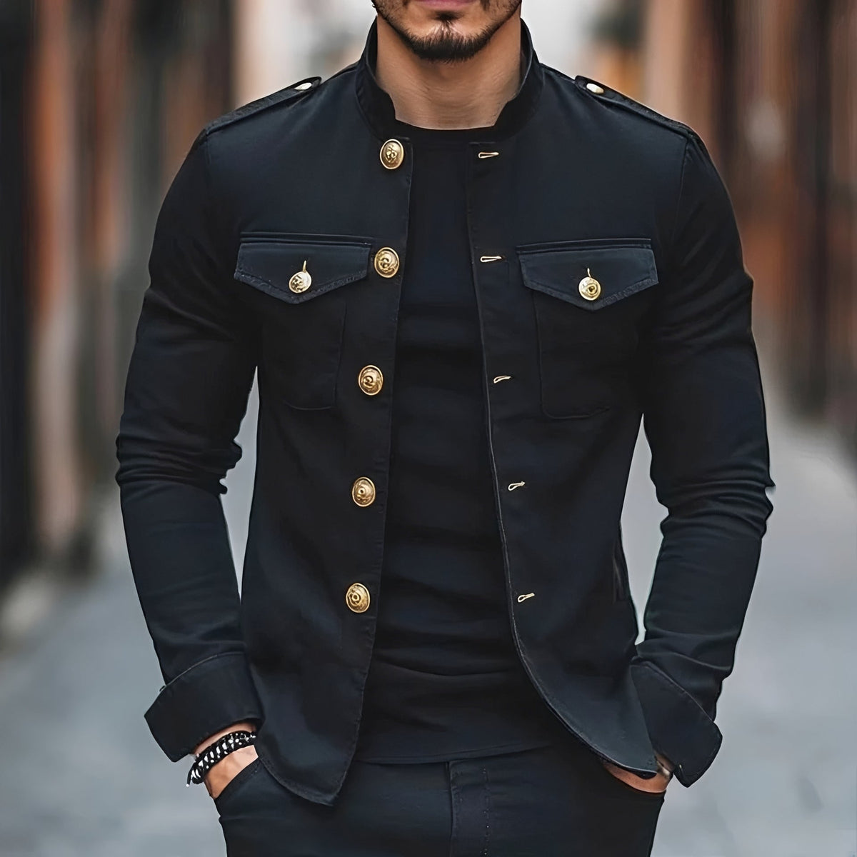Men's Military Style Button Jacket - Stand Collar, Long Sleeve