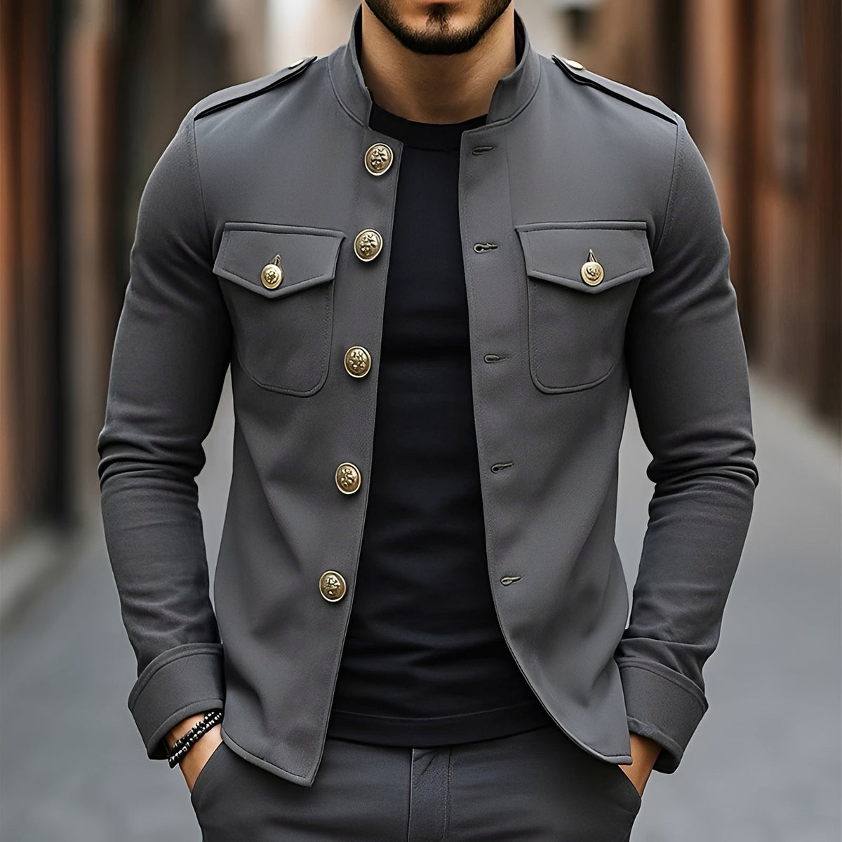Men's Military Style Button Jacket - Stand Collar, Long Sleeve