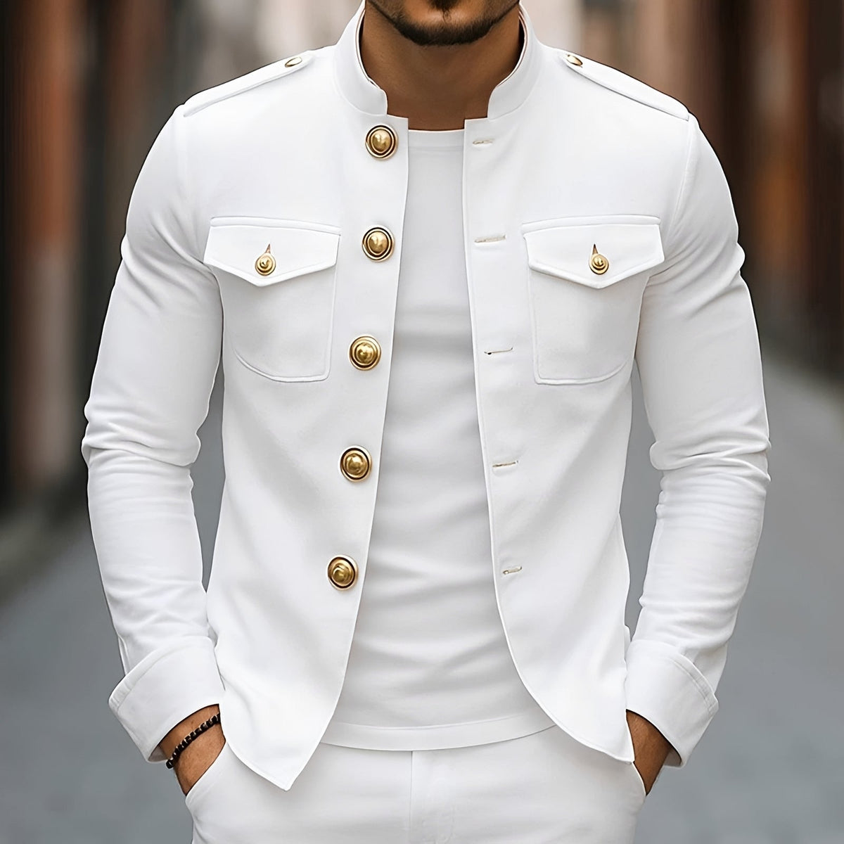 Men's Military Style Button Jacket - Stand Collar, Long Sleeve