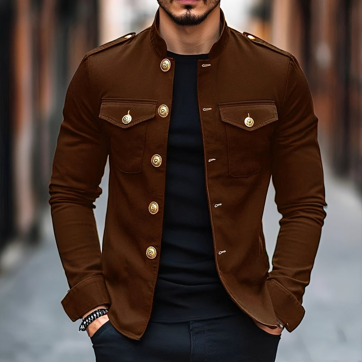 Men's Military Style Button Jacket - Stand Collar, Long Sleeve