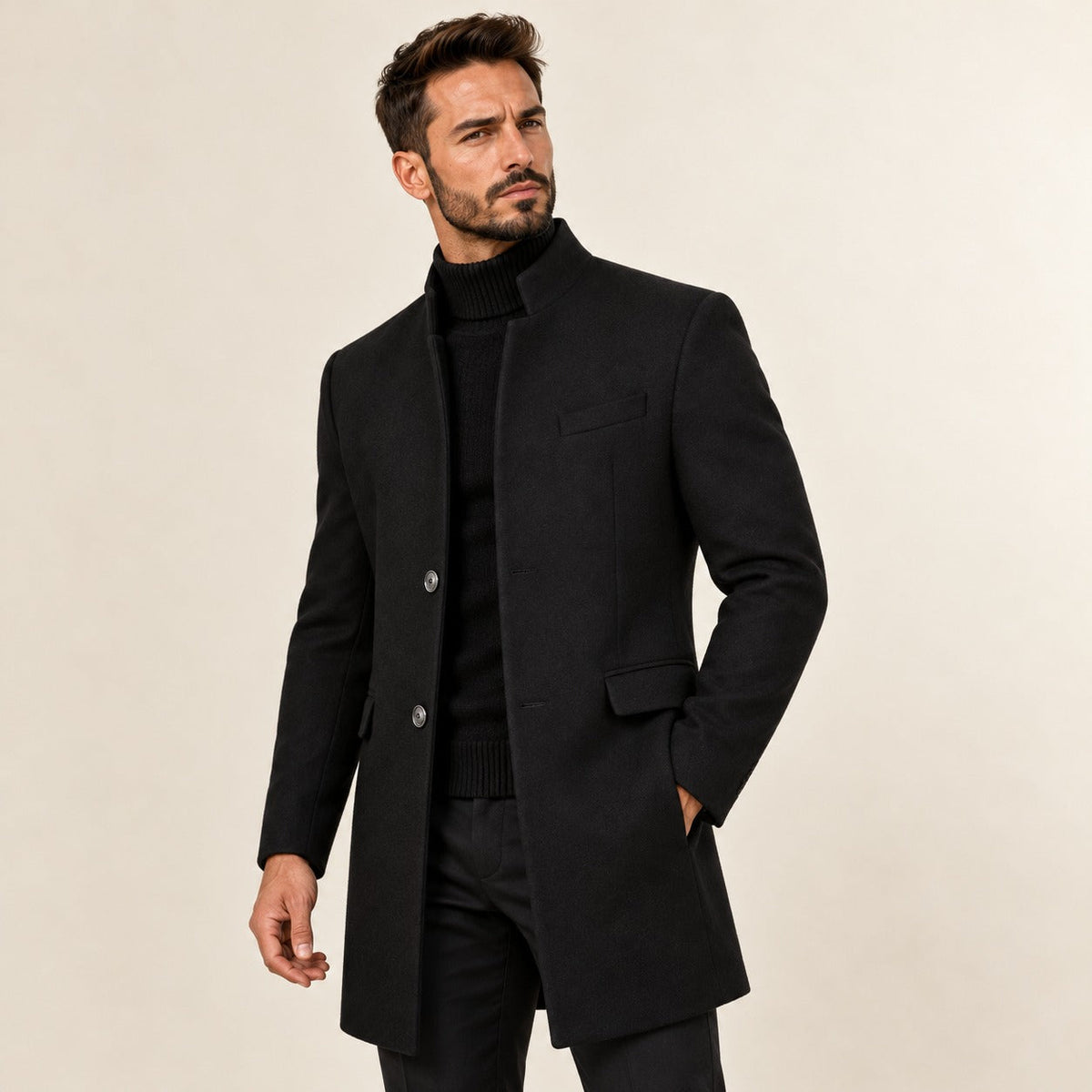 Men's Overcoat with Stand Collar and Button Closure - Tailored Fit