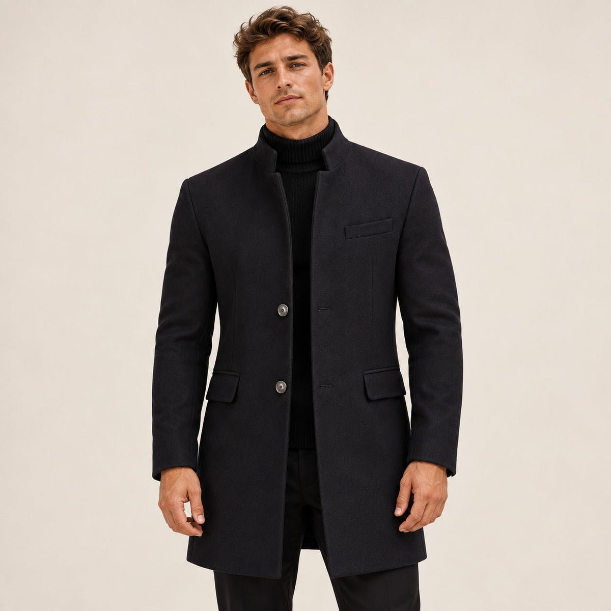 Men's Overcoat with Stand Collar and Button Closure - Tailored Fit