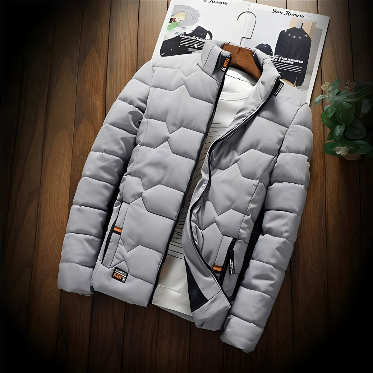 Men's Padded Jacket with Geometric Quilting and Zipper Pockets