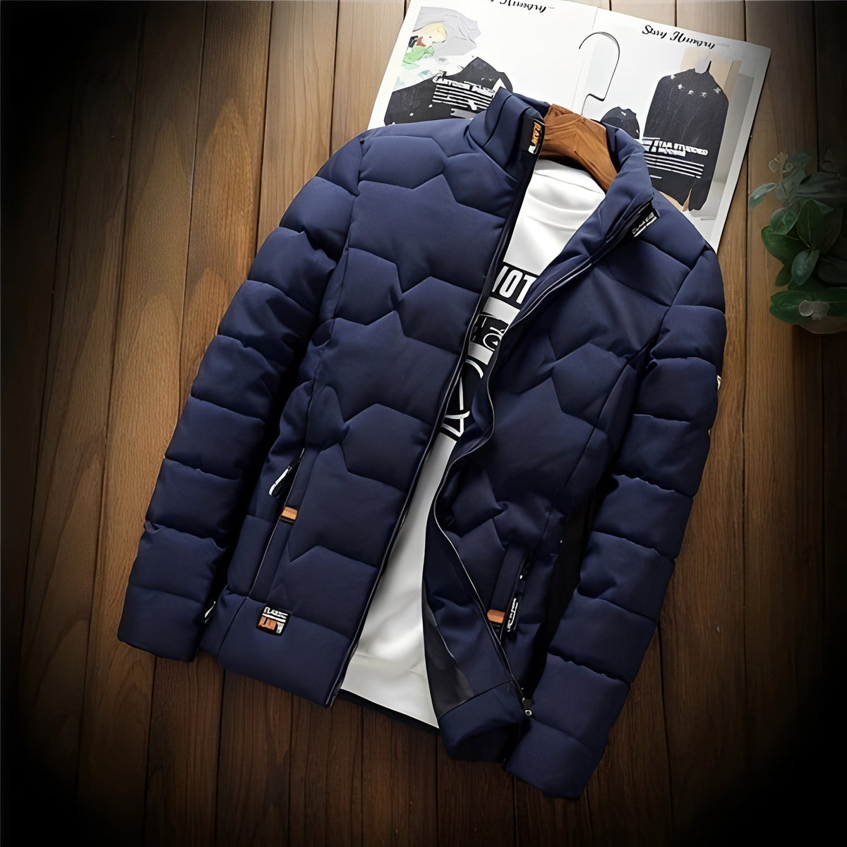 Men's Padded Jacket with Geometric Quilting and Zipper Pockets