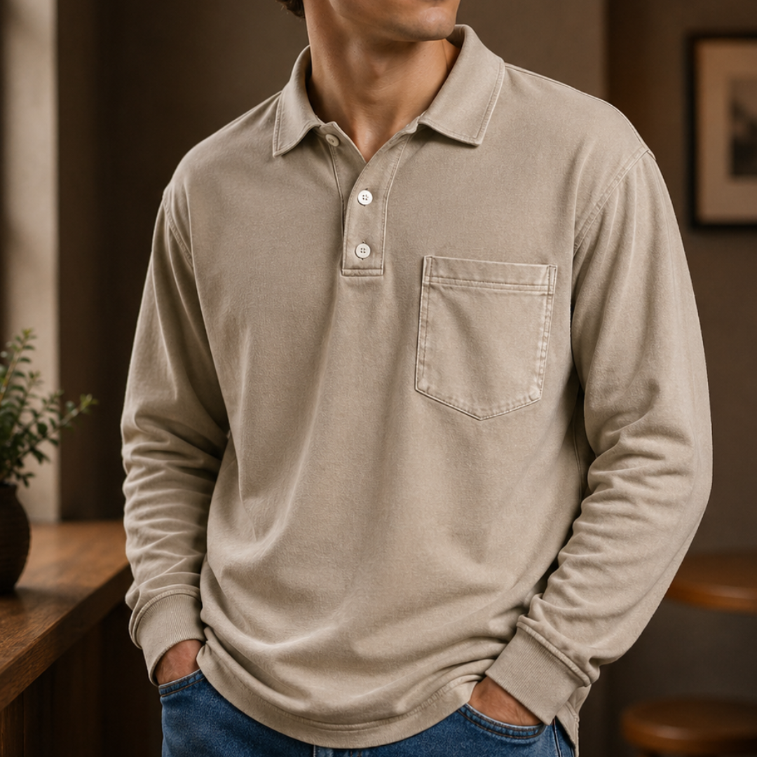 Men's Polo Shirt Long Sleeve - Button Closure, Chest Pocket, Regular Fit