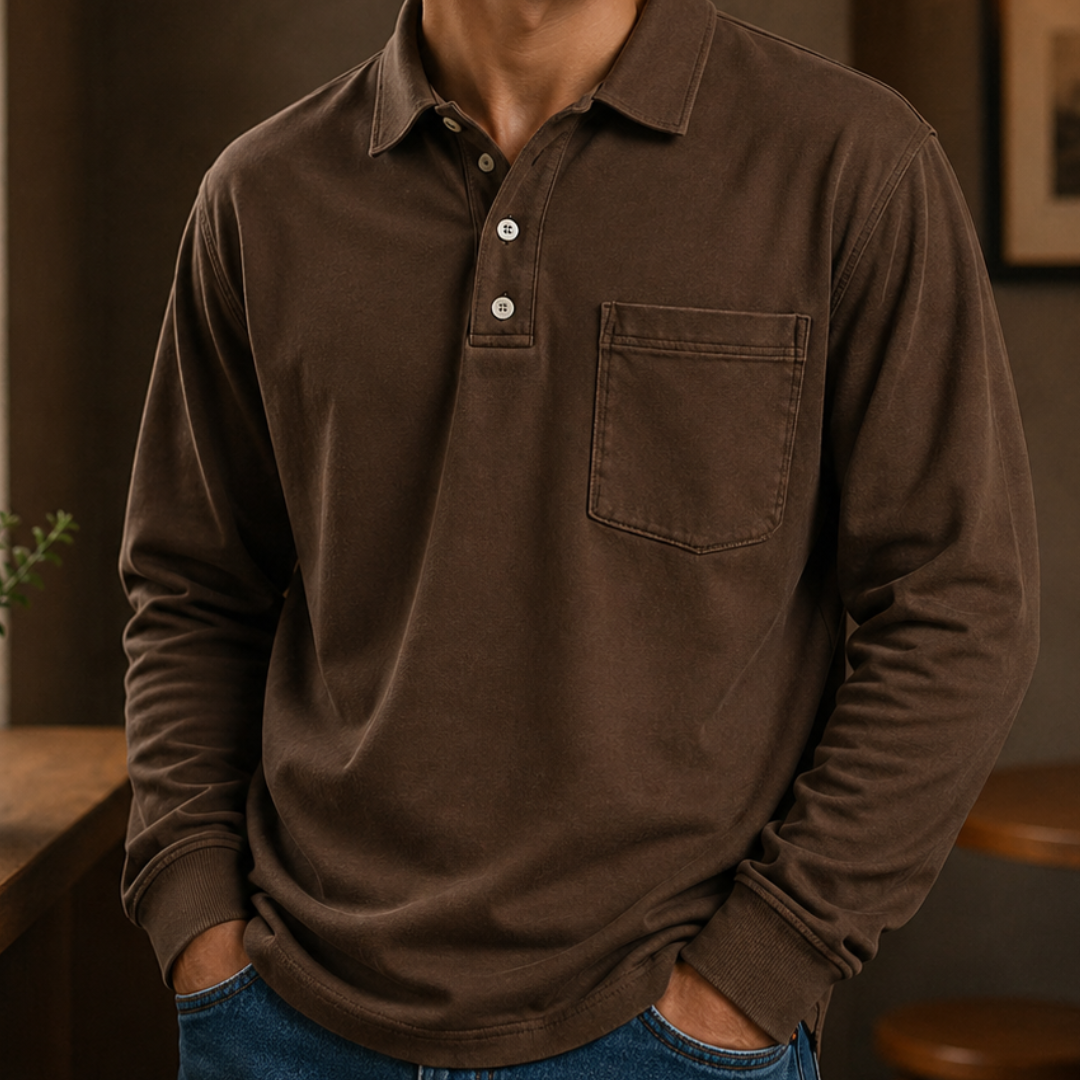 Men's Polo Shirt Long Sleeve - Button Closure, Chest Pocket, Regular Fit