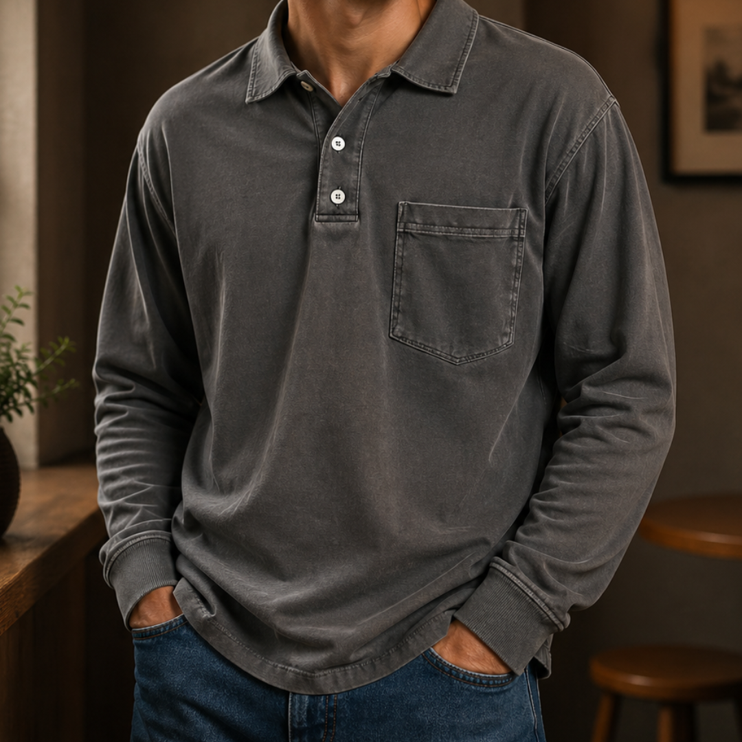 Men's Polo Shirt Long Sleeve - Button Closure, Chest Pocket, Regular Fit