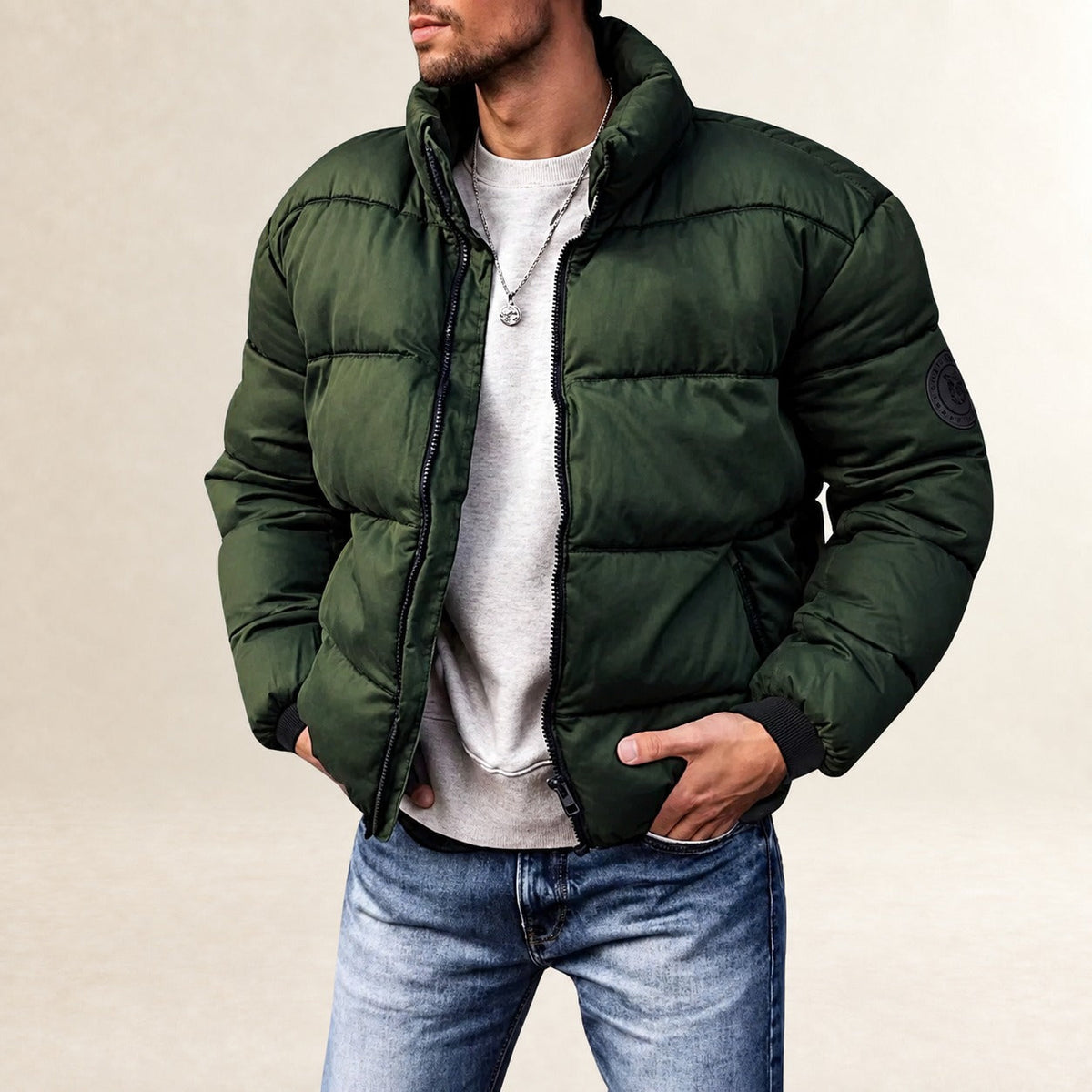 Men's Puffer Jacket - Modern Quilted Design with Stand Collar and Comfortable Fit