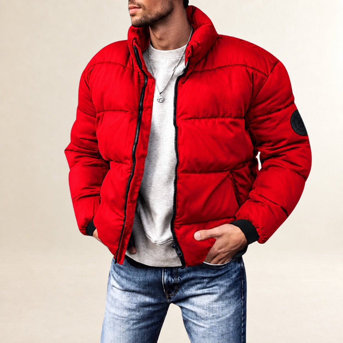 Men's Puffer Jacket - Modern Quilted Design with Stand Collar and Comfortable Fit
