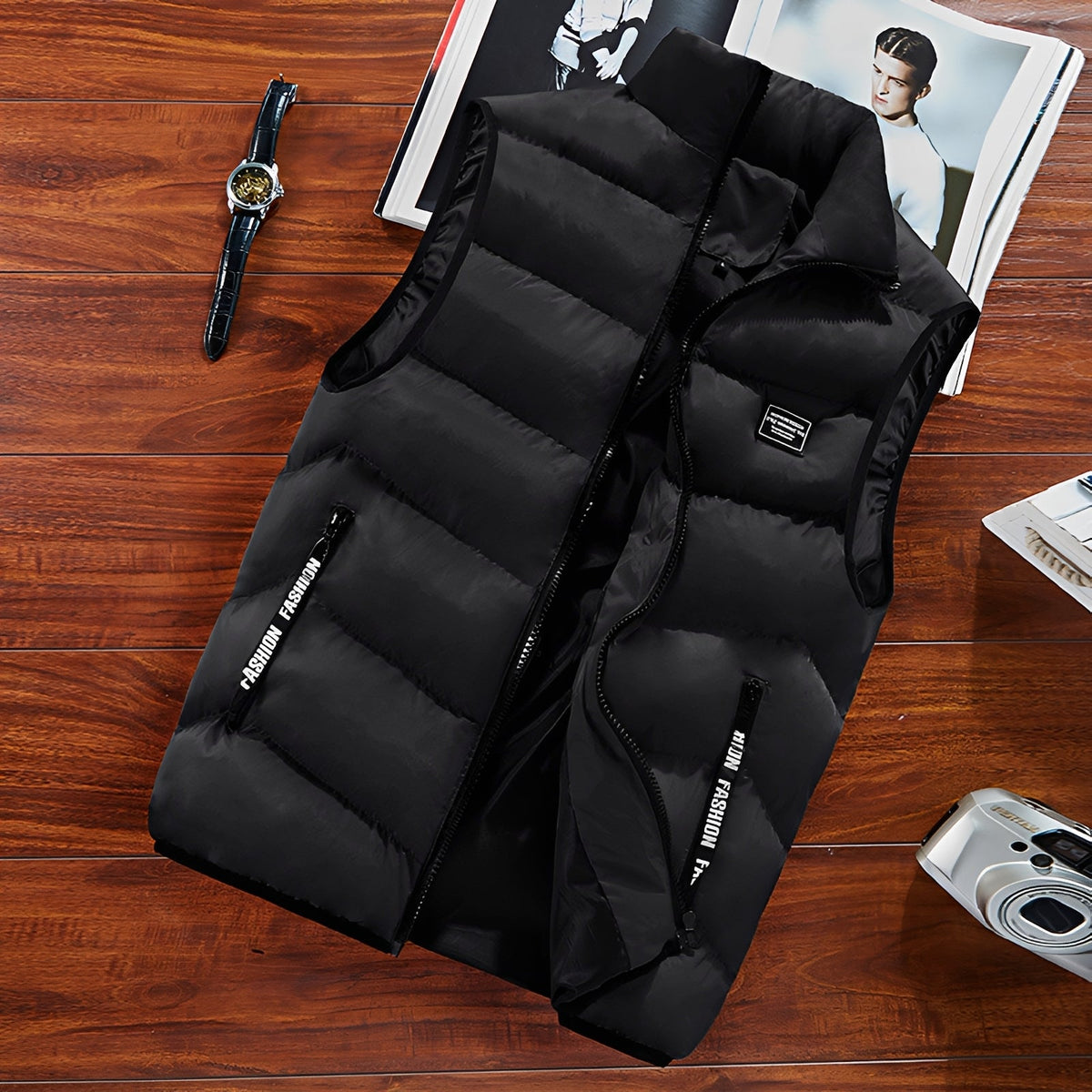 Men's Puffer Vest - Stand Collar, Zip Closure, Sleeveless, Multiple Pockets