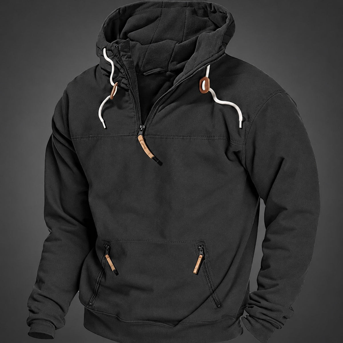 Men's Quarter Zip Hoodie - Kangaroo Pocket, Drawstring Hood, Relaxed Fit