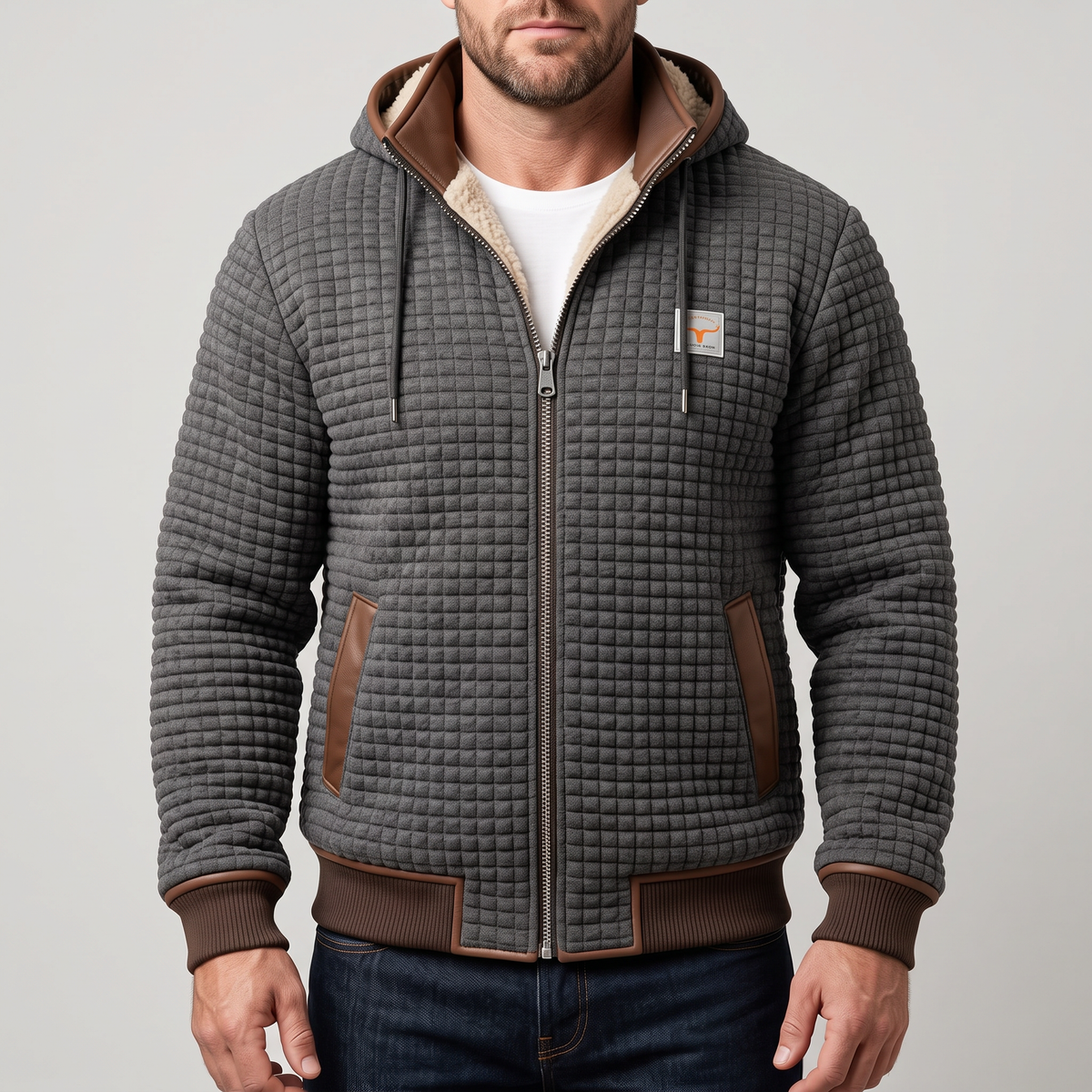 Men's Quilted Jacket - Hooded with Zip Closure and Contrast Trim