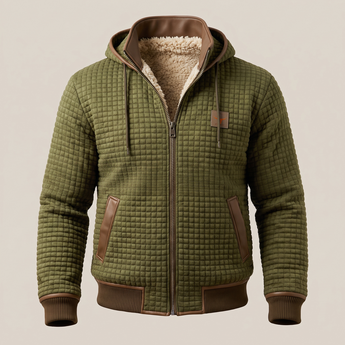Men's Quilted Jacket - Hooded with Zip Closure and Contrast Trim