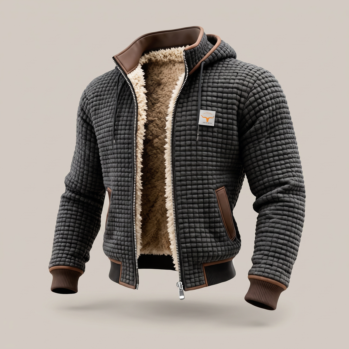 Men's Quilted Jacket - Hooded with Zip Closure and Contrast Trim