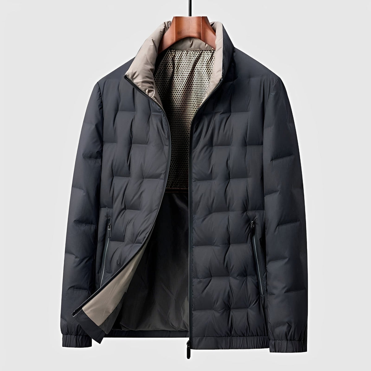 Men's Quilted Jacket - Stand Collar, Zip Closure, Lightweight Design