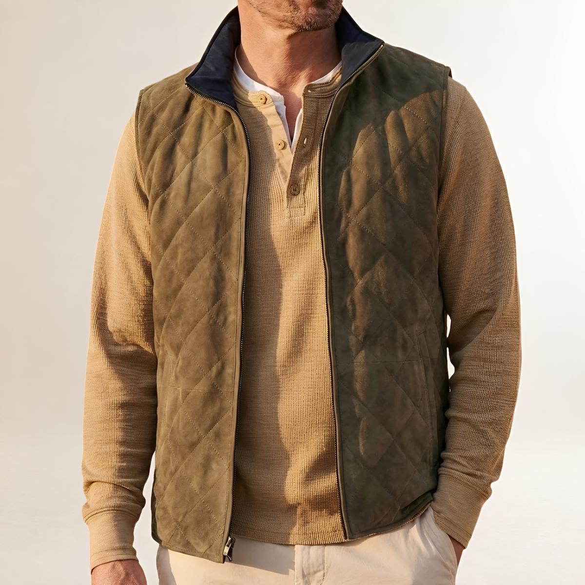Men's Quilted Vest with Zip Front and High Collar - Regular Fit