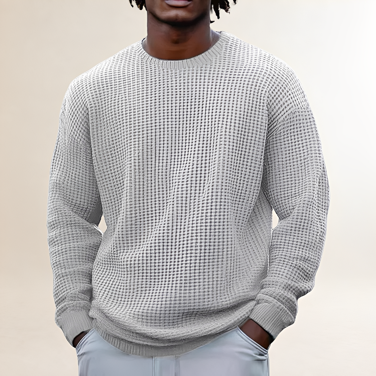 Men's Round Neck Long Sleeve Sweatshirt - Relaxed Fit, Textured Design