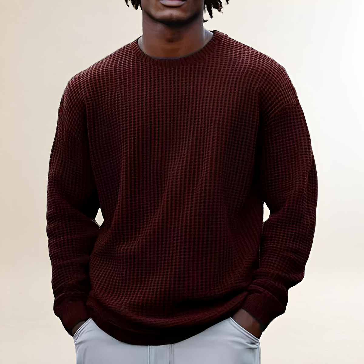 Men's Round Neck Long Sleeve Sweatshirt - Relaxed Fit, Textured Design