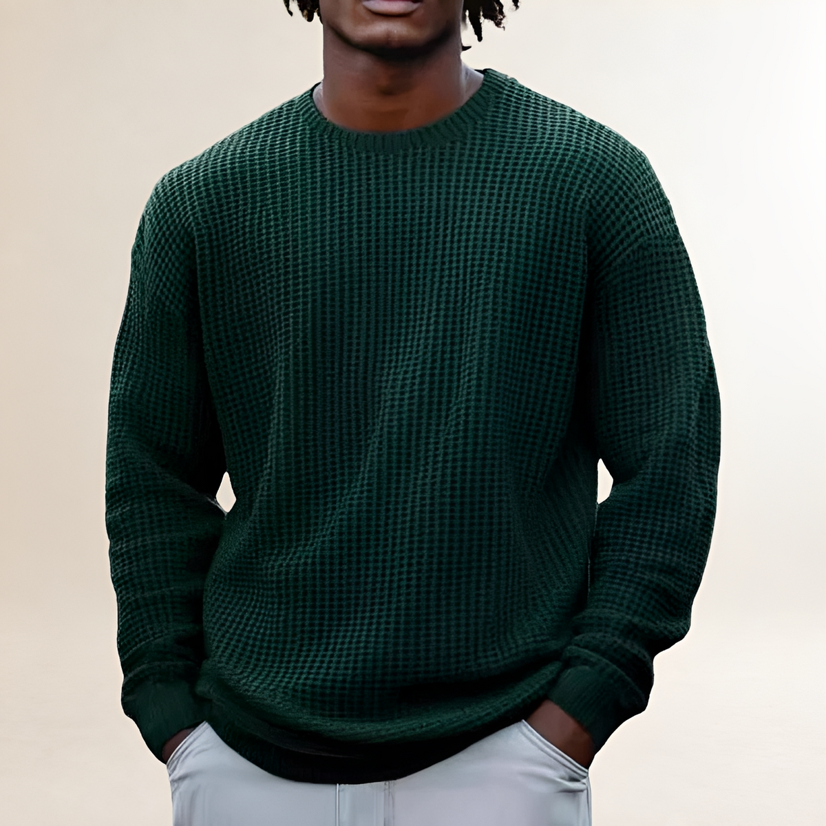 Men's Round Neck Long Sleeve Sweatshirt - Relaxed Fit, Textured Design