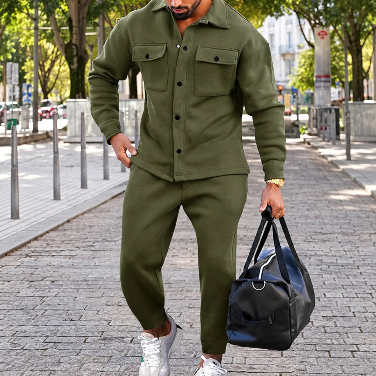 Men's Set - Casual Jacket and Jogger Pants with Pockets and Button Closure