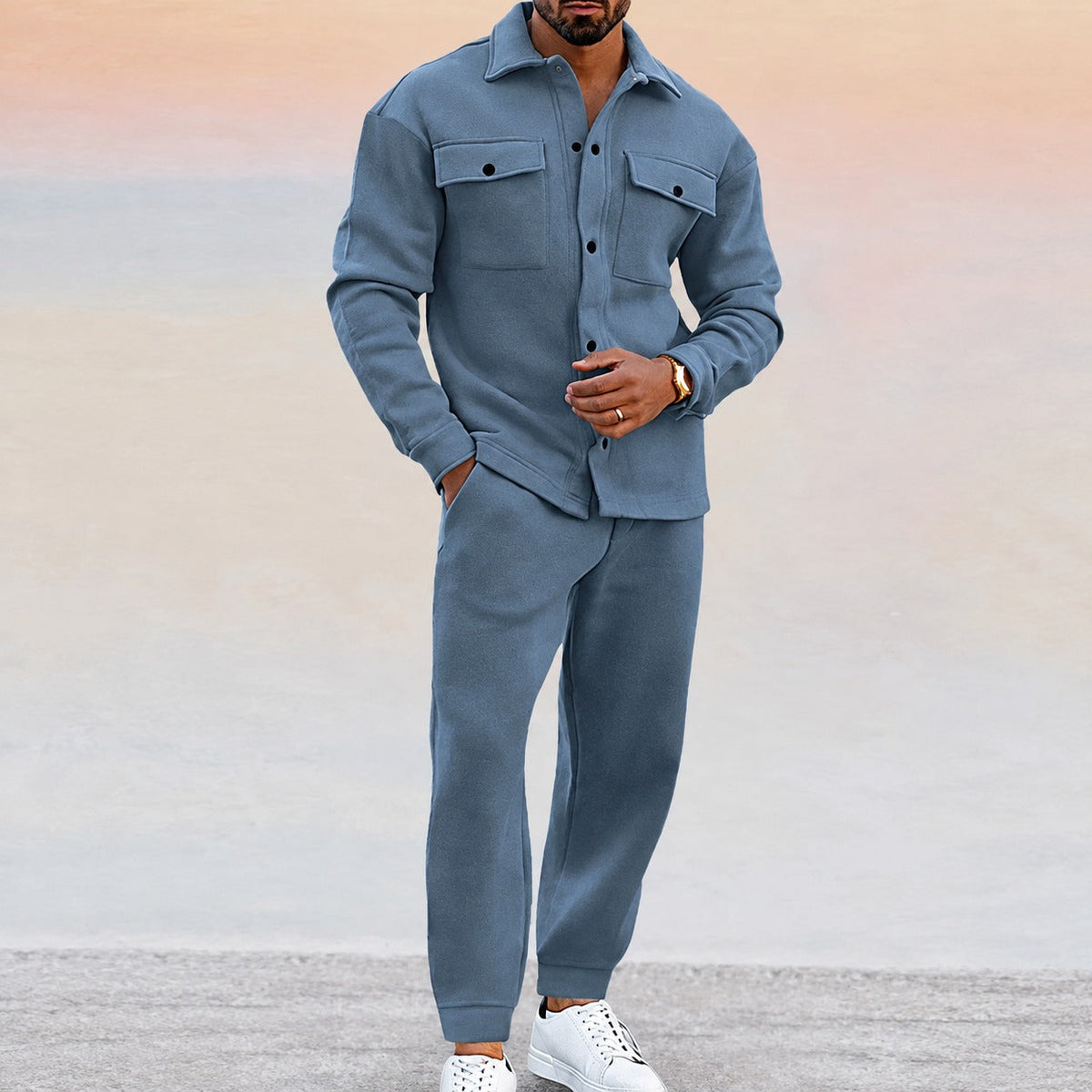 Men's Set - Casual Jacket and Jogger Pants with Pockets and Button Closure