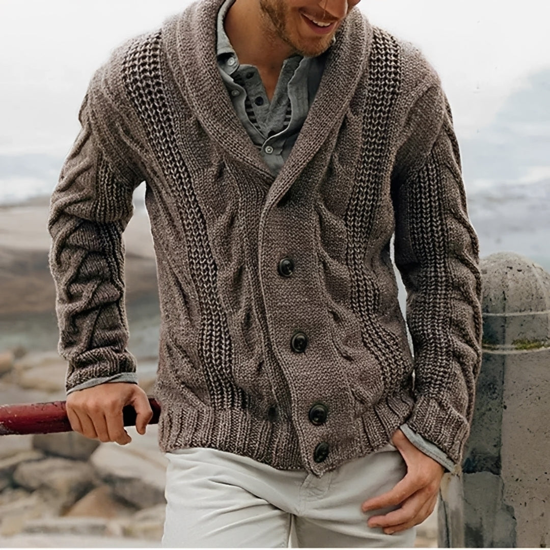 Men's Shawl Collar Cardigan - Button Front, Textured Design, Relaxed Fit