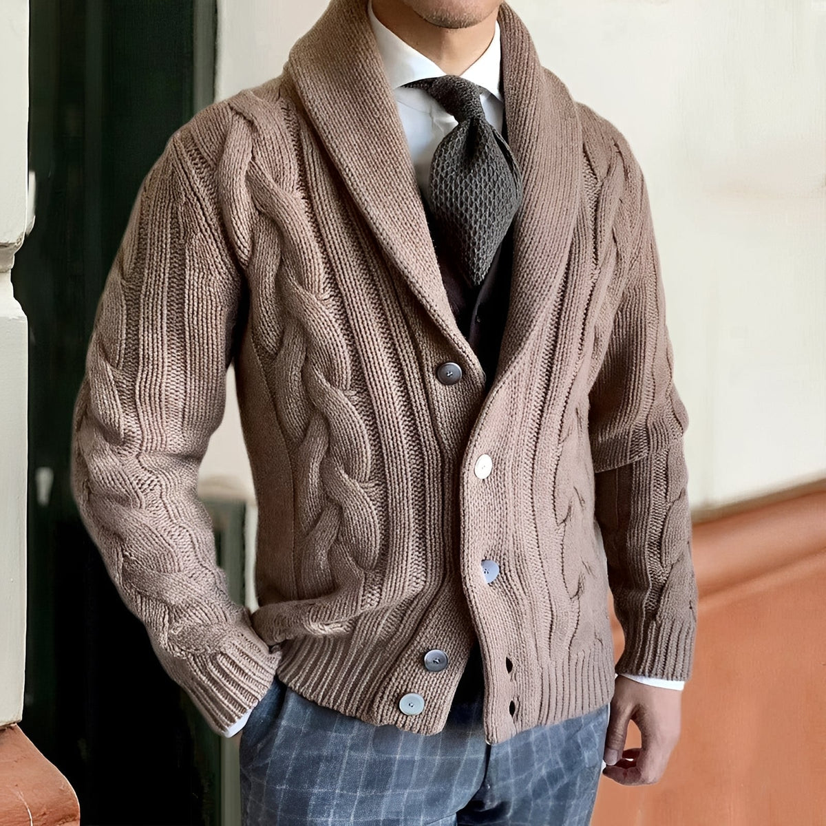 Men's Shawl Collar Cardigan Sweater - Button Front, Long Sleeve, Casual Style