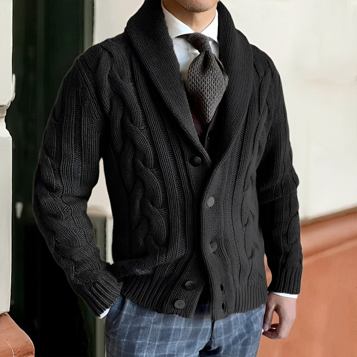 Men's Shawl Collar Cardigan Sweater - Button Front, Long Sleeve, Casual Style