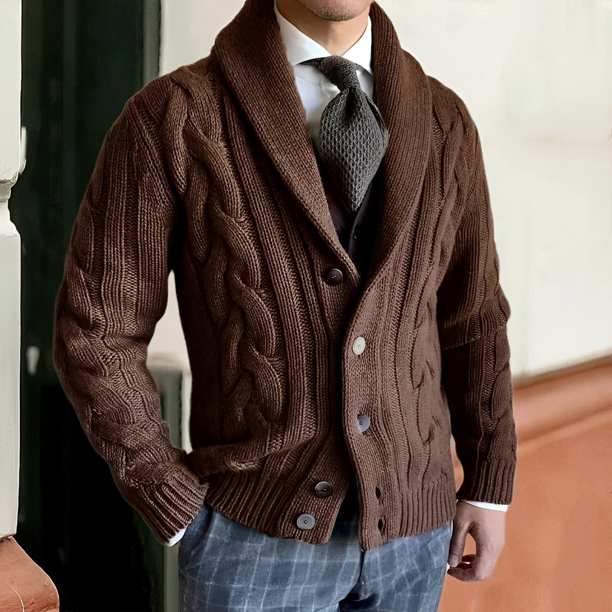 Men's Shawl Collar Cardigan Sweater - Button Front, Long Sleeve, Casual Style