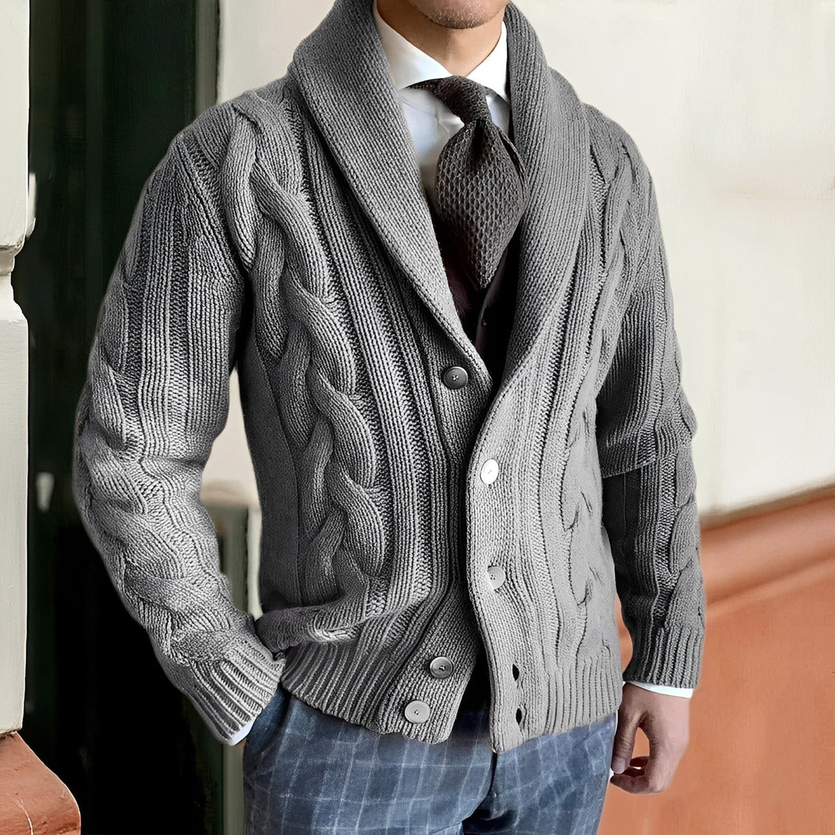 Men's Shawl Collar Cardigan Sweater - Button Front, Long Sleeve, Casual Style