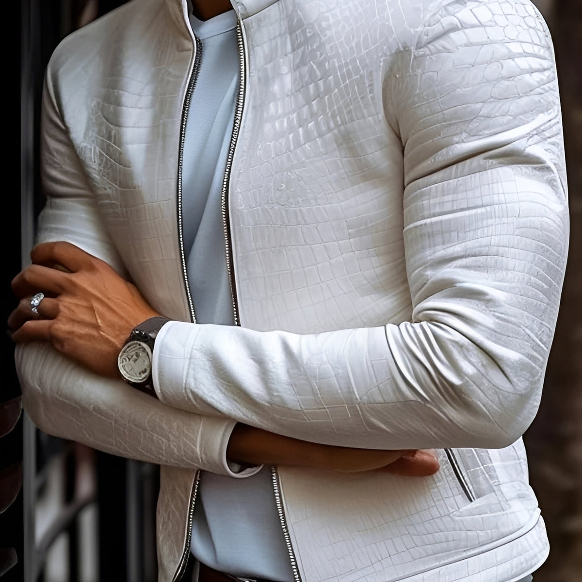 Men's Slim Fit Stand Collar Zipper Jacket - Textured Design