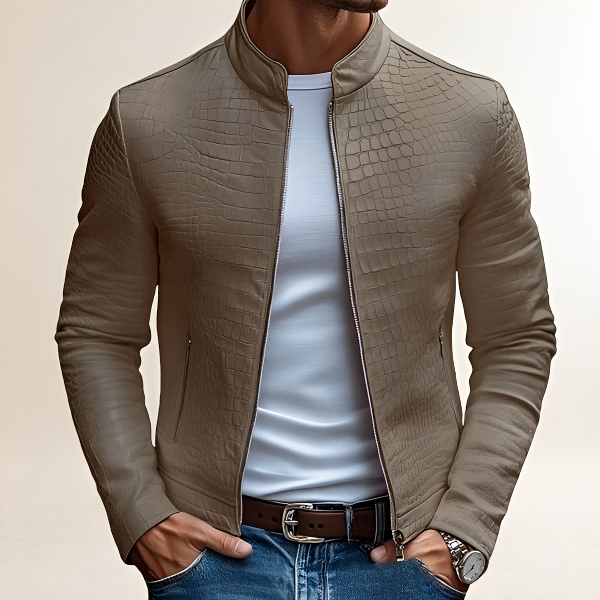 Men's Slim Fit Stand Collar Zipper Jacket - Textured Design
