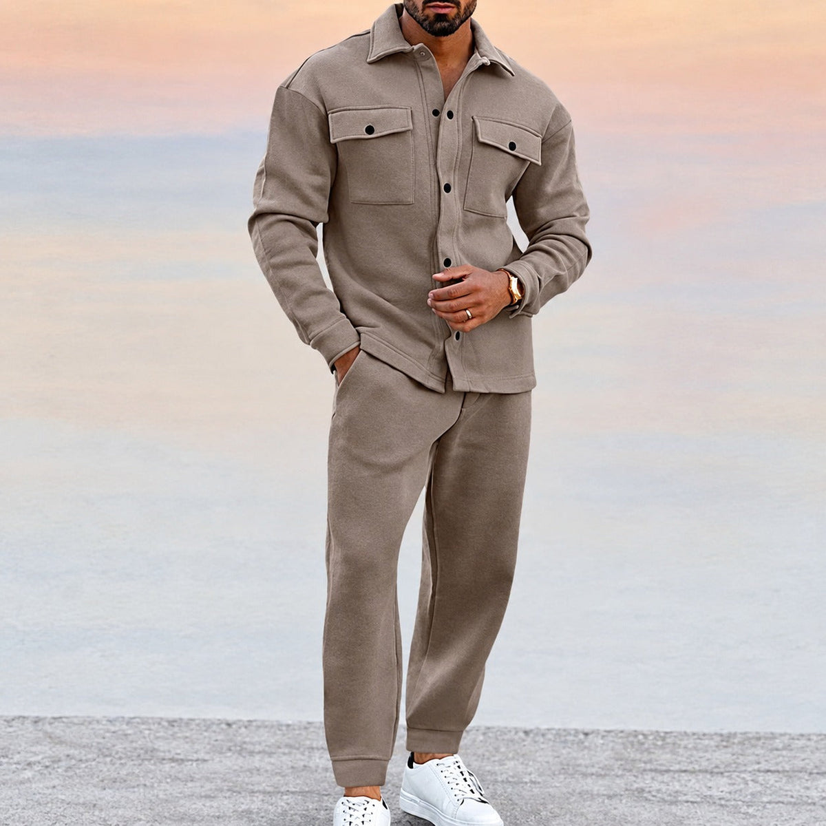 Men's Sports Set - Button-Up Jacket with Pockets and Jogger Pants, Relaxed Fit