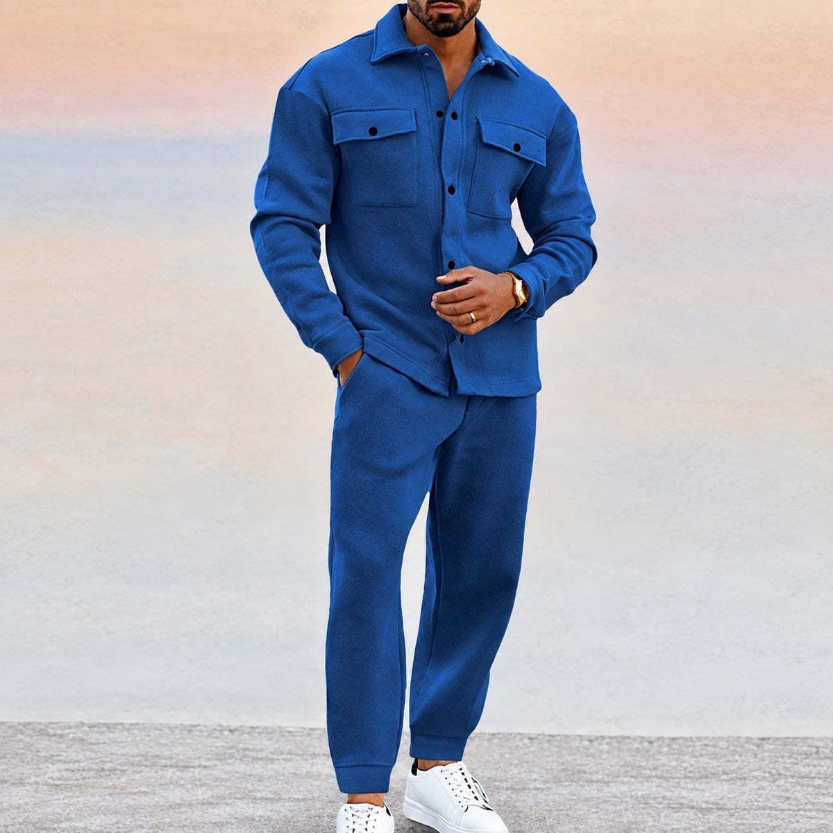 Men's Sports Set - Button-Up Jacket with Pockets and Jogger Pants, Relaxed Fit