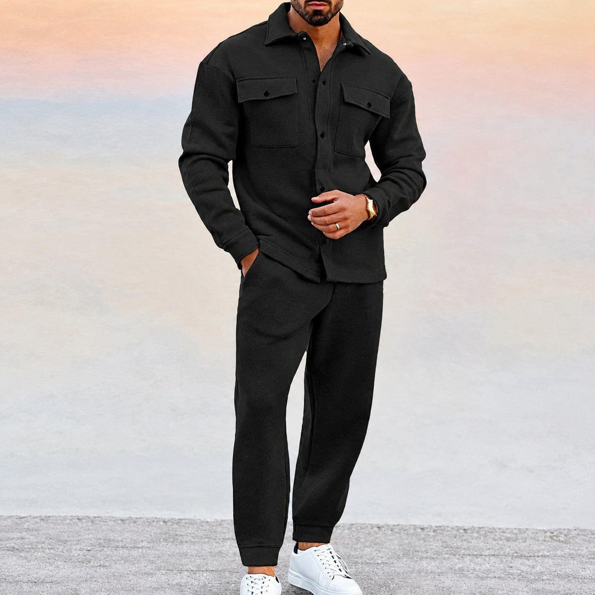 Men's Sports Set - Button-Up Jacket with Pockets and Jogger Pants, Relaxed Fit