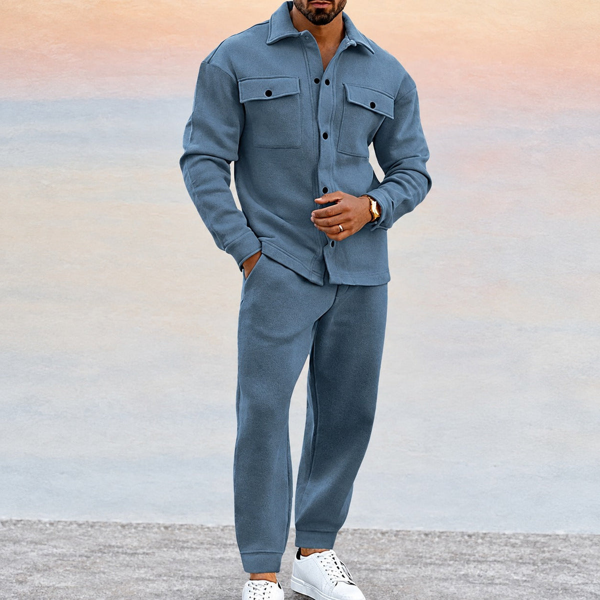 Men's Sports Set - Button-Up Jacket with Pockets and Jogger Pants, Relaxed Fit