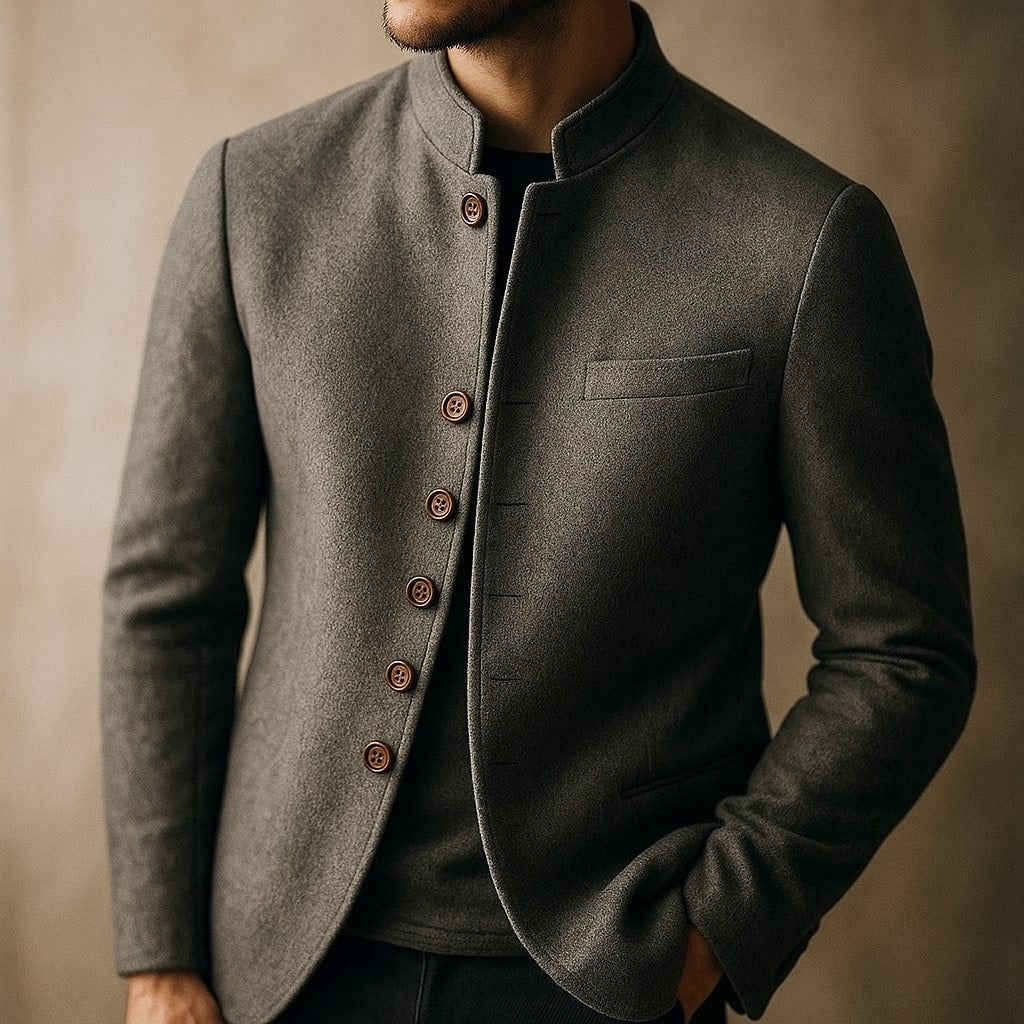 Men's Stand-Collar Jacket with Button Closure and Chest Pocket