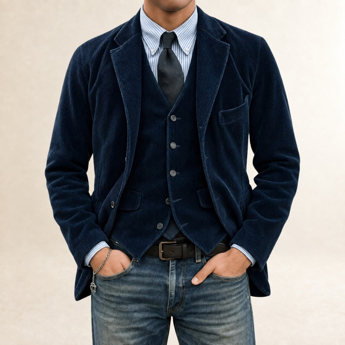 Men's Suit Set - Blazer and Vest with Button Closure and Slim Fit