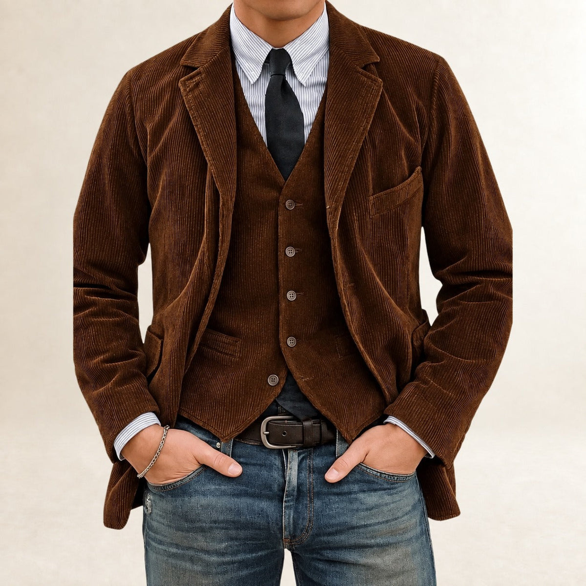 Men's Suit Set - Blazer and Vest with Button Closure and Slim Fit