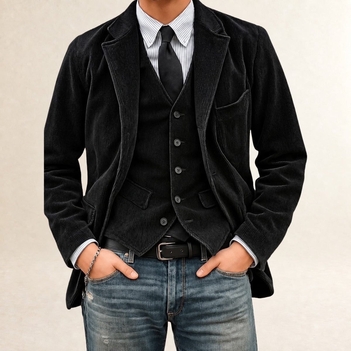 Men's Suit Set - Blazer and Vest with Button Closure and Slim Fit