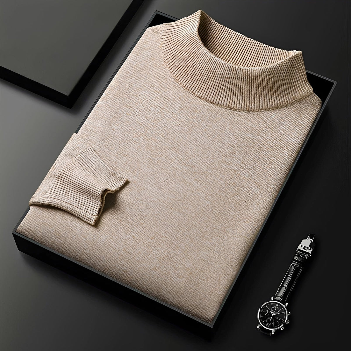Men's Sweater - High Neck Design with Ribbed Cuffs and Modern Fit