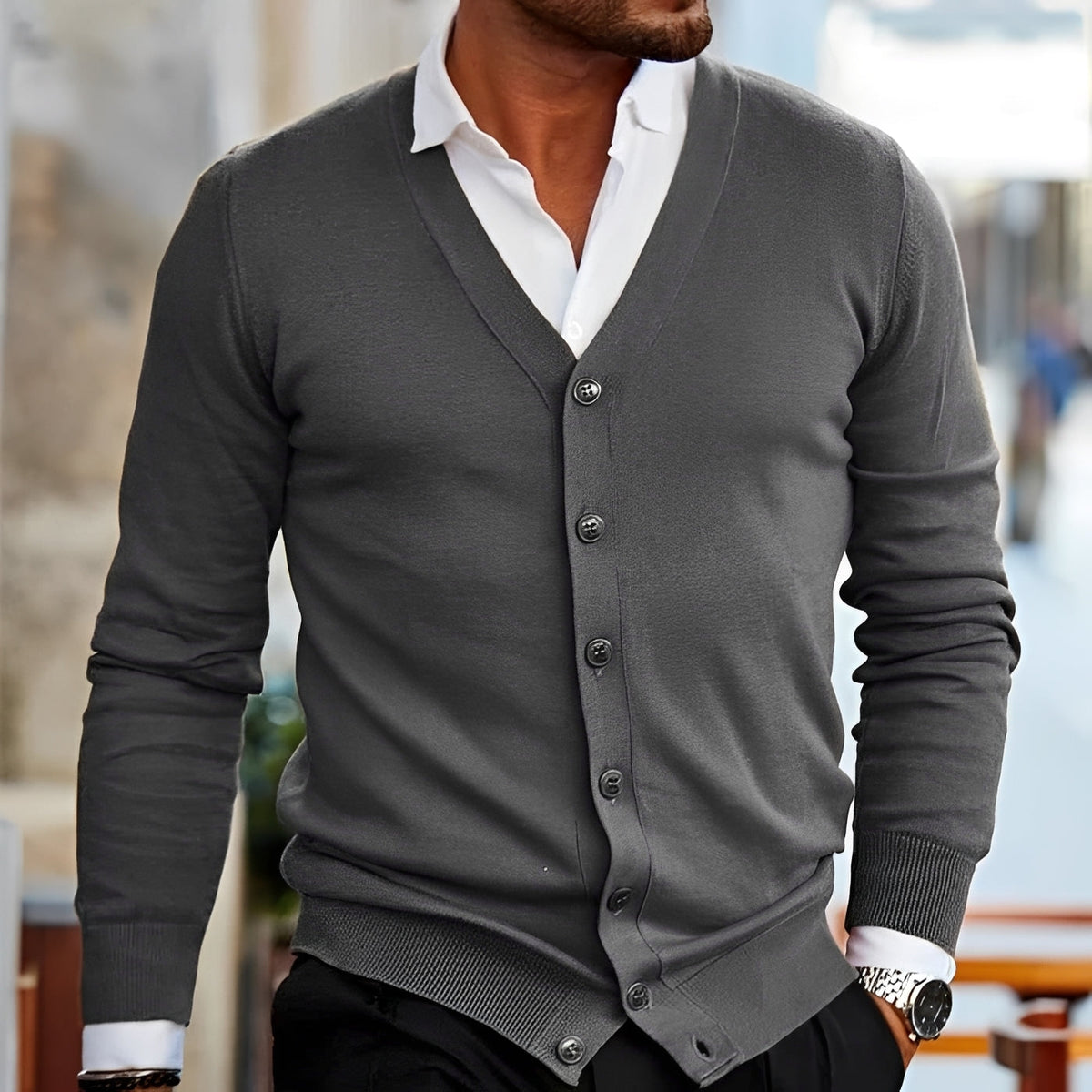 Men's V-Neck Cardigan - Button Closure, Long Sleeve, Casual Fit