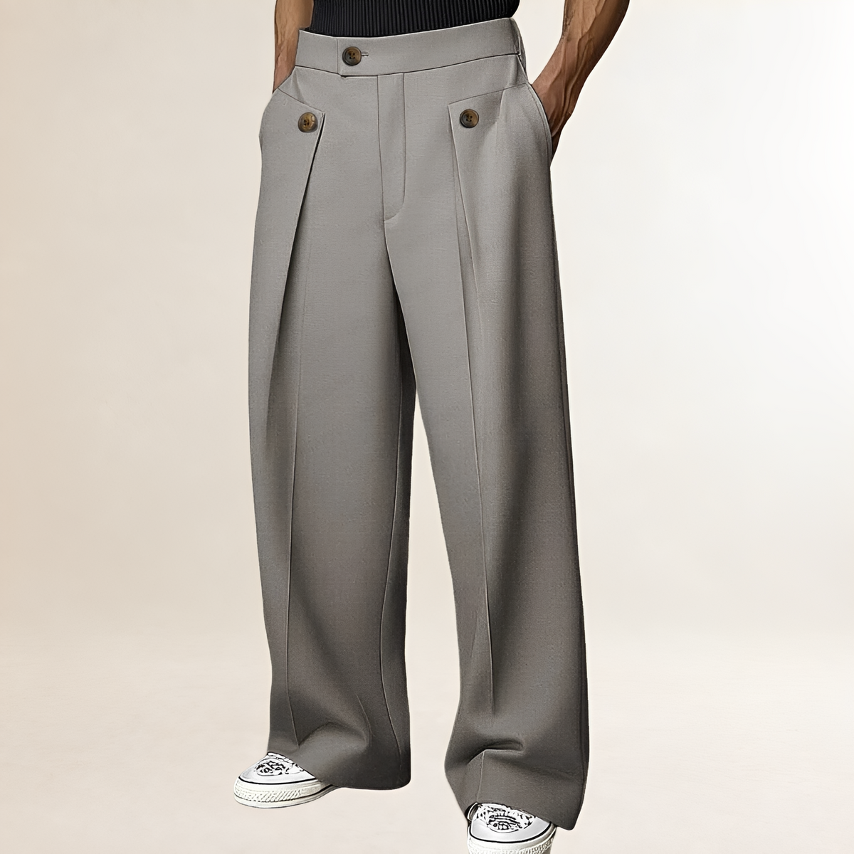 Men's Wide-Leg Trousers - High Waist with Button Detail and Pleats