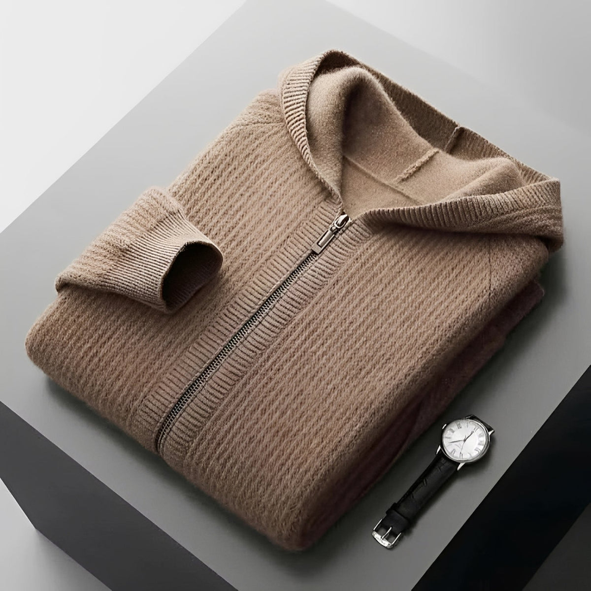 Men's Zip Hoodie - Textured Design with Hood and Pockets