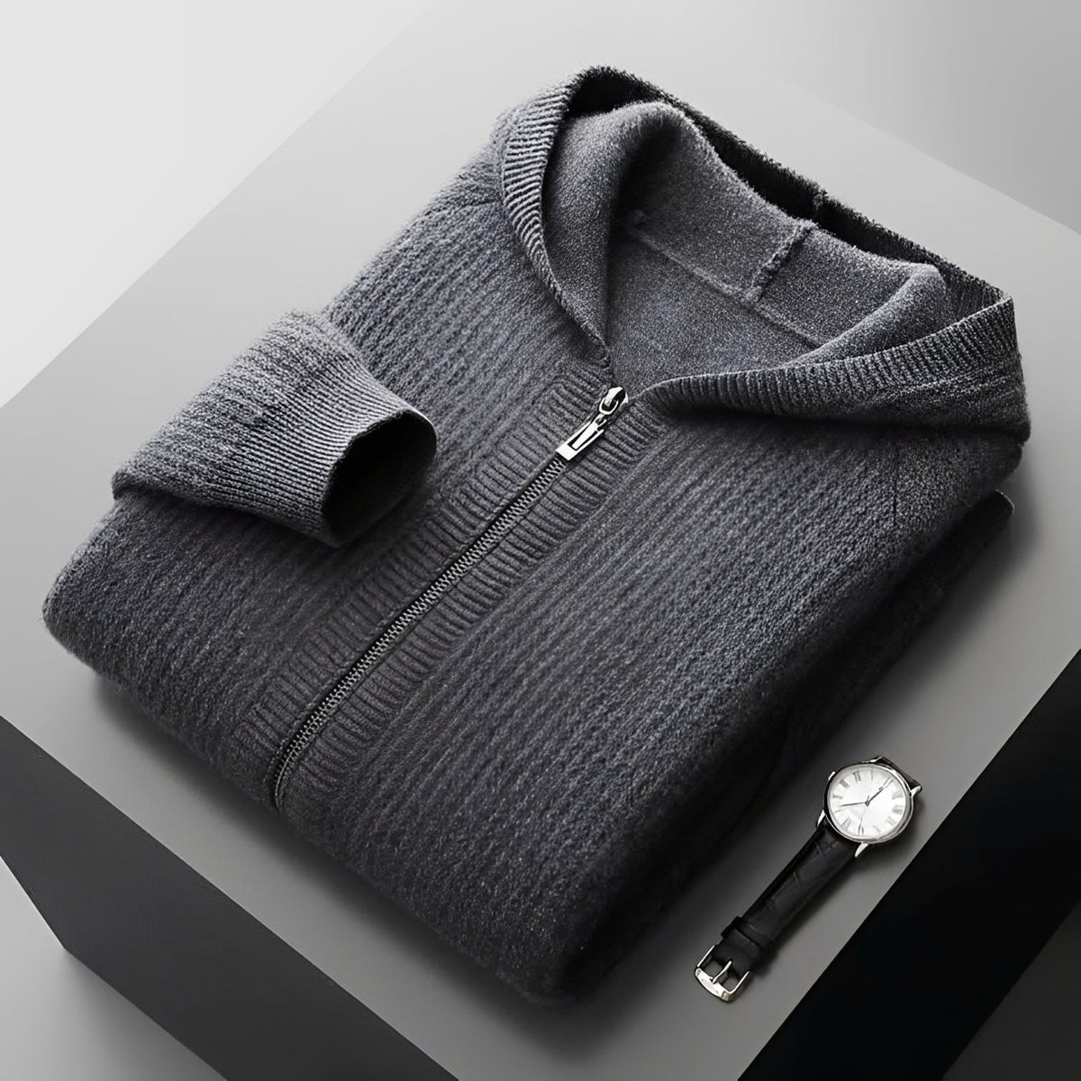 Men's Zip Hoodie - Textured Design with Hood and Pockets