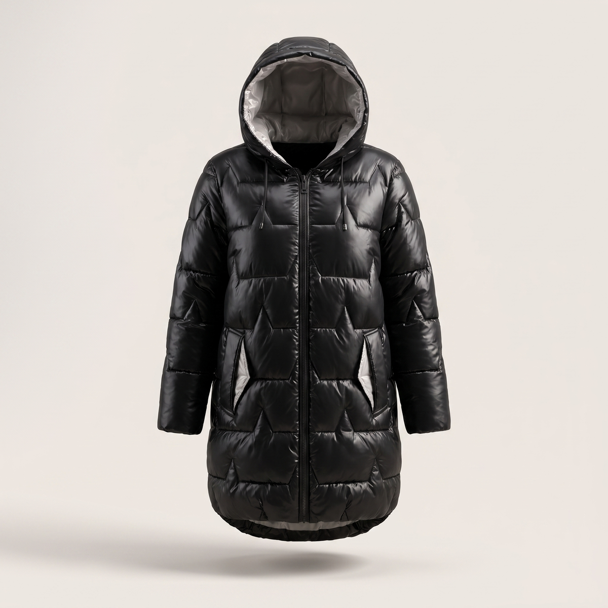 Padded Hooded Coat for Women - Longline with Zip Closure and Elegant Fit
