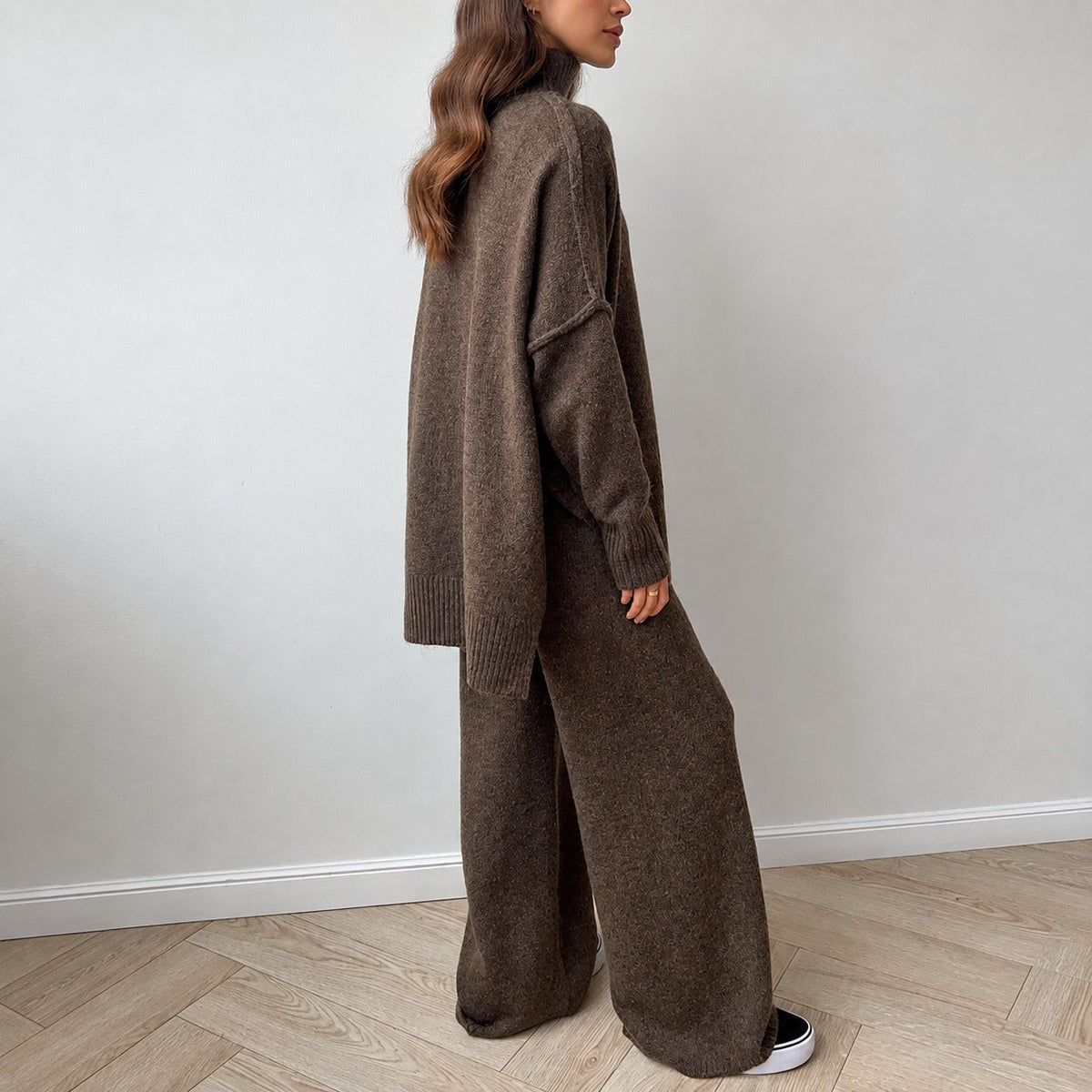 Pant Set for Women - Turtleneck Sweater and Wide Leg Pants, Oversized Fit